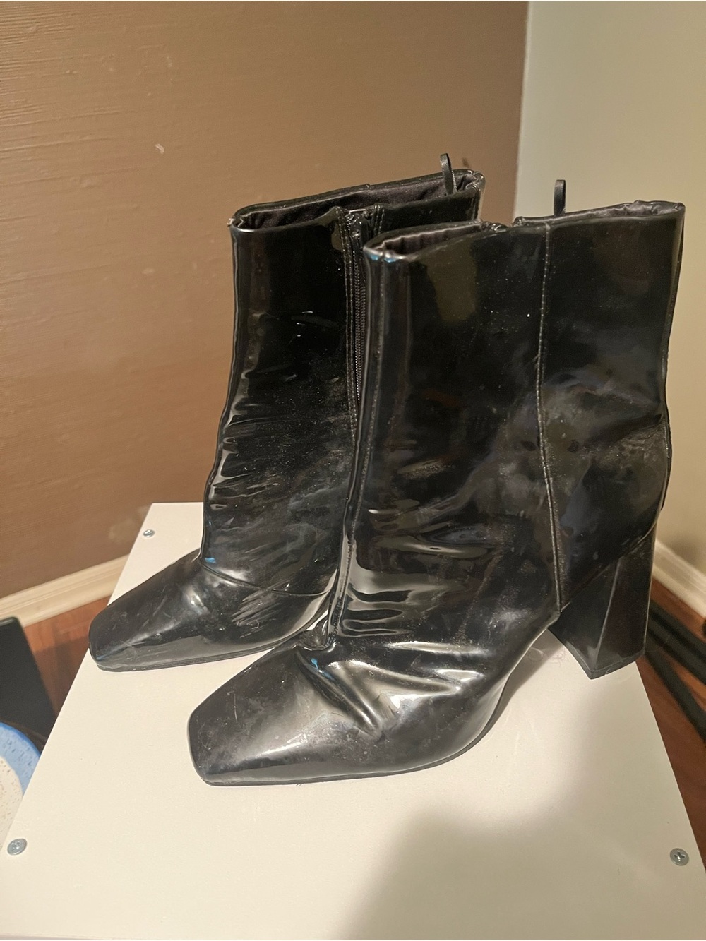 H&M Black Patent Square-Toe Block Heel Ankle Boots